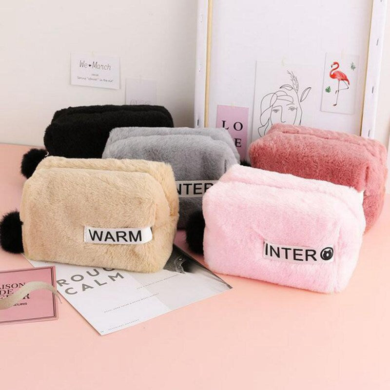 Plush Travel Makeup Bag - Flannel Cosmetic Organizer
