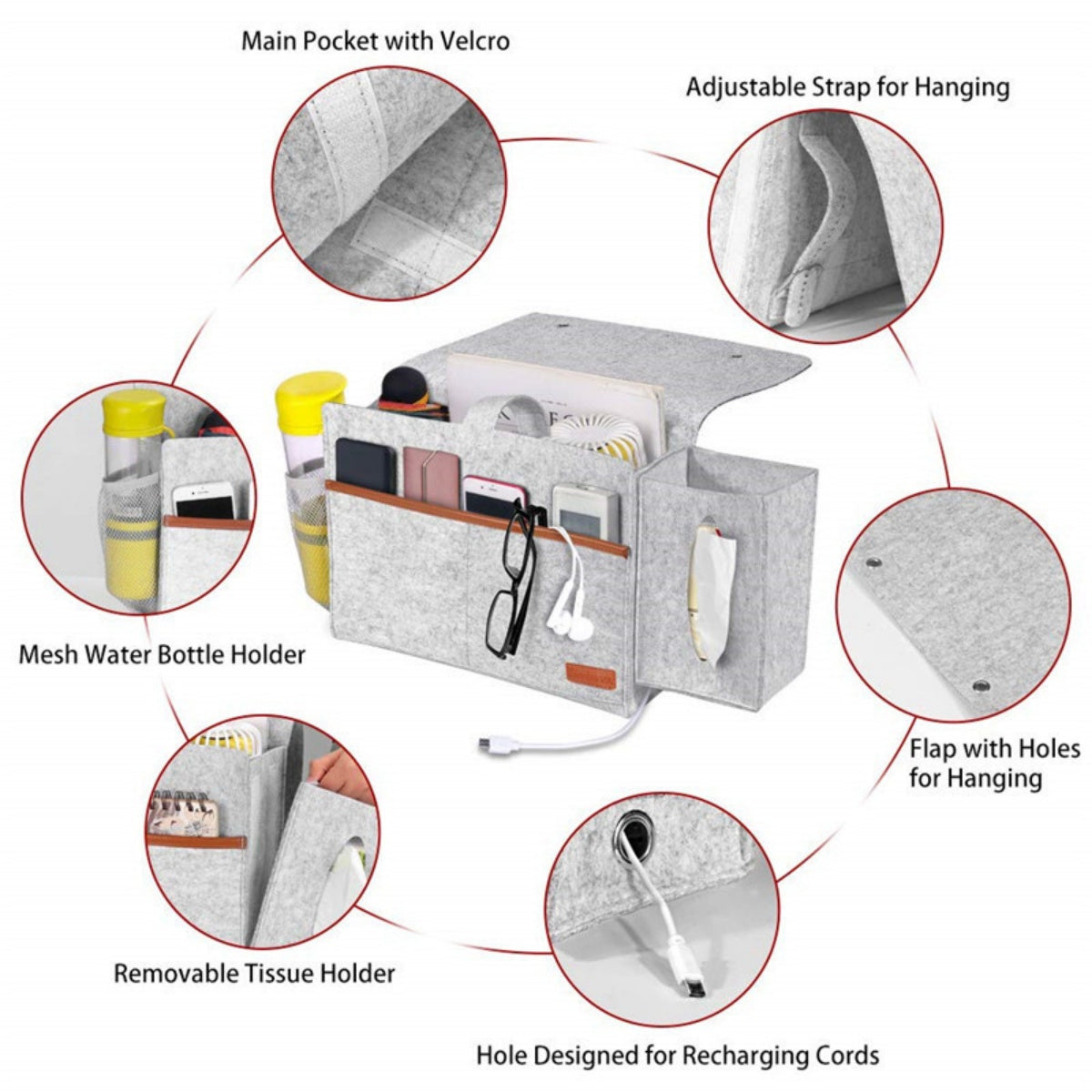 Bedside Felt Storage Caddy with Tissue Holder & Charging Hole – image 4